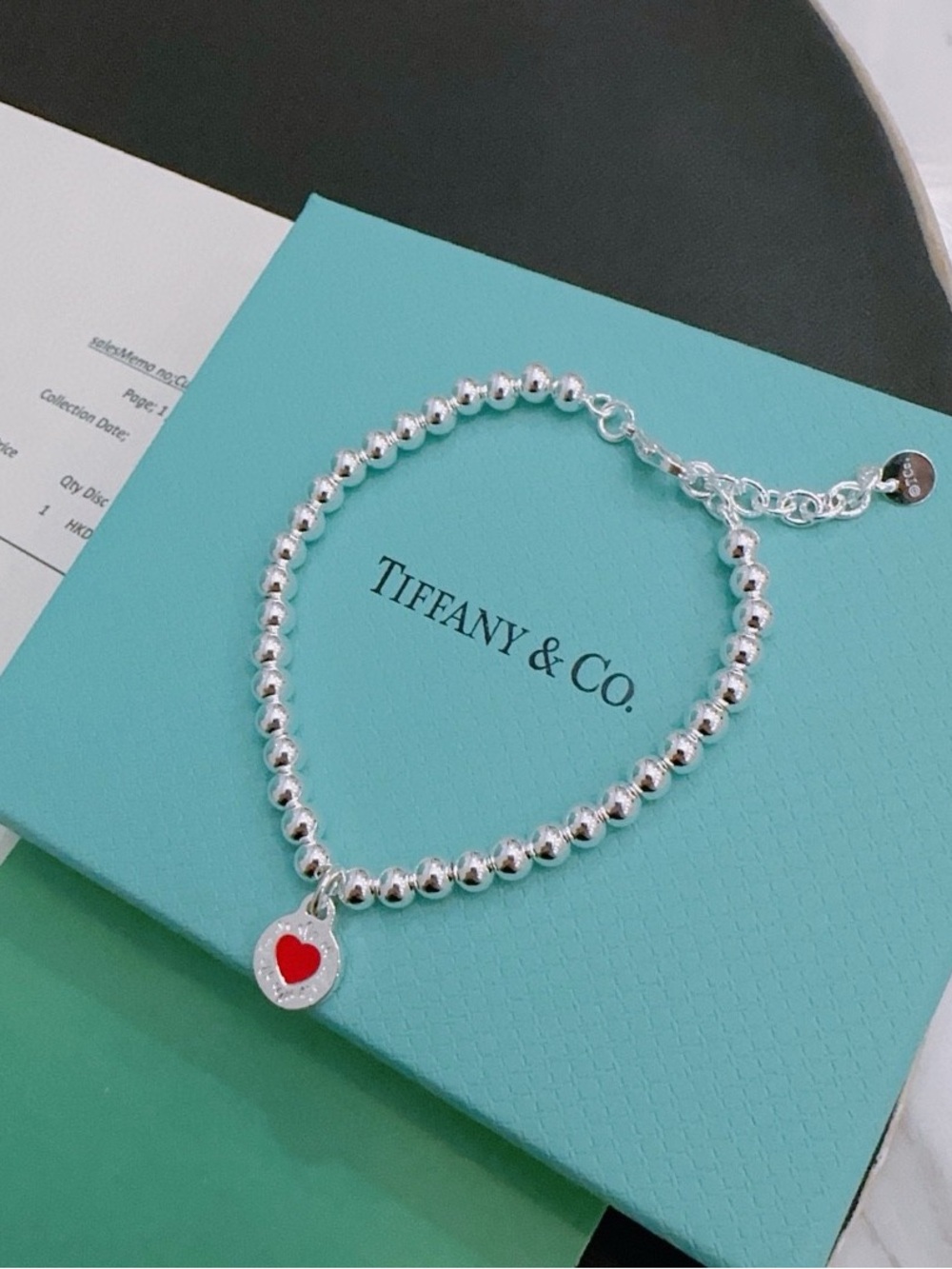 Tiffany & Co. Silver Bead Bracelet with Red Heart Disc